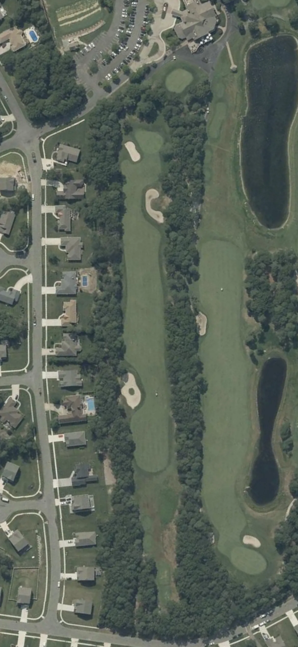 Harbor Pines GC hole 18 aerial preview, par 5, 482 yards