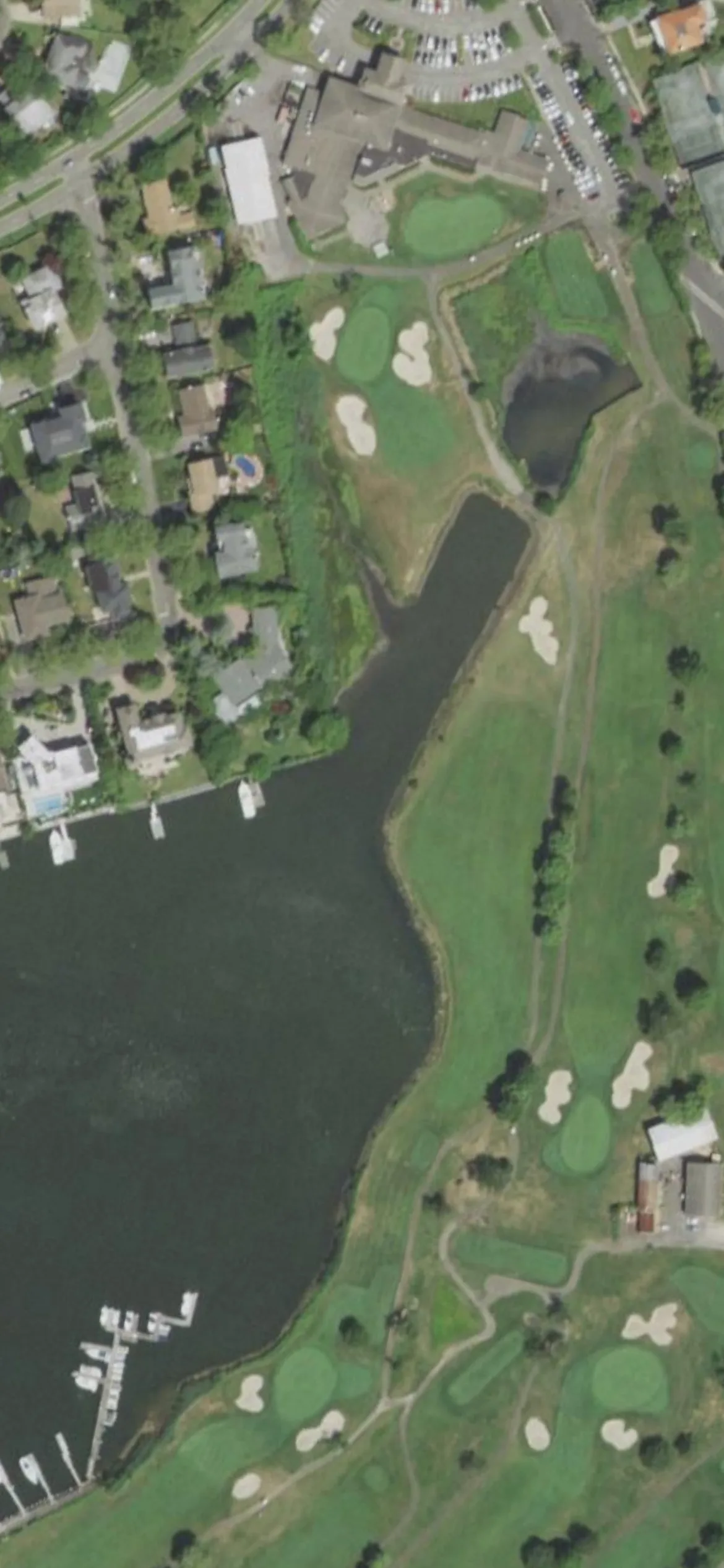 Lawrence Yacht & Country Club hole 18 aerial preview, par 4, 434 yards