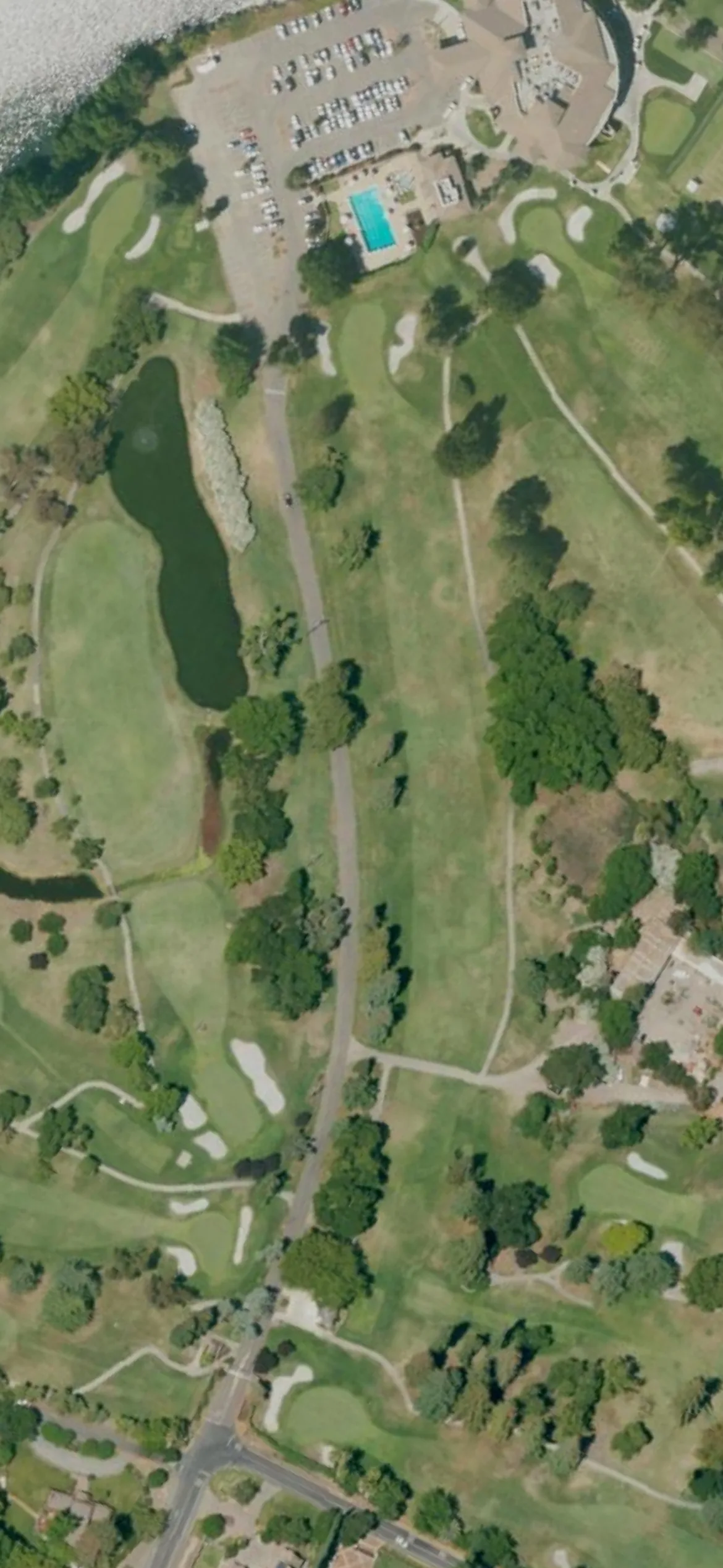 Stockton GCC hole 13 aerial preview, par 4, 405 yards