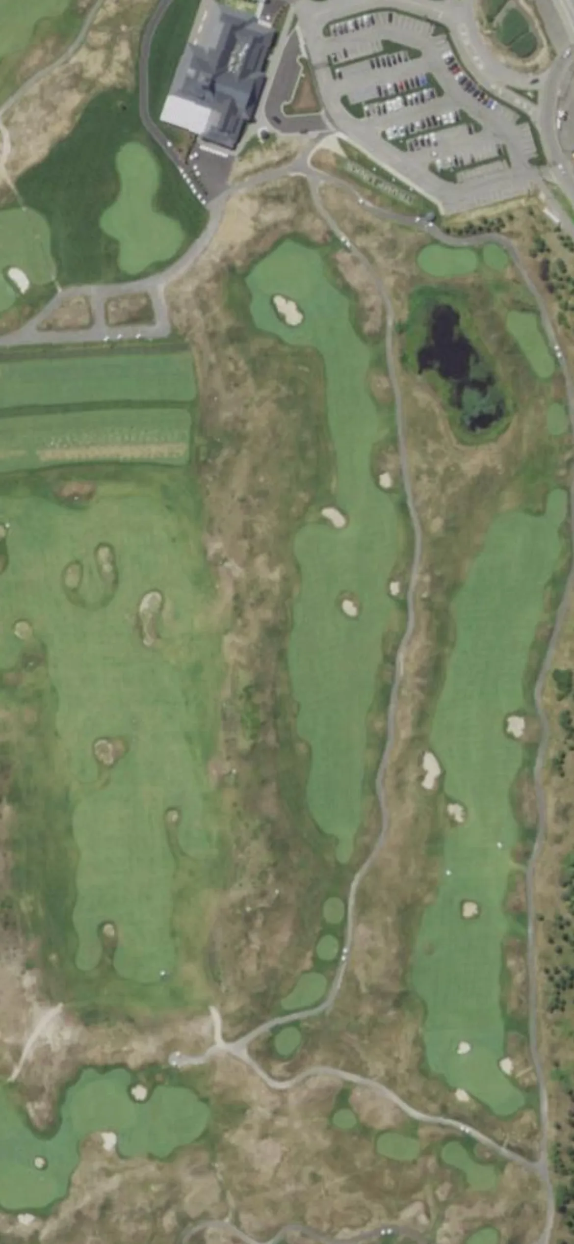 Bally's Golf Links at Ferry Point hole 9 aerial preview, par 4, 425 yards