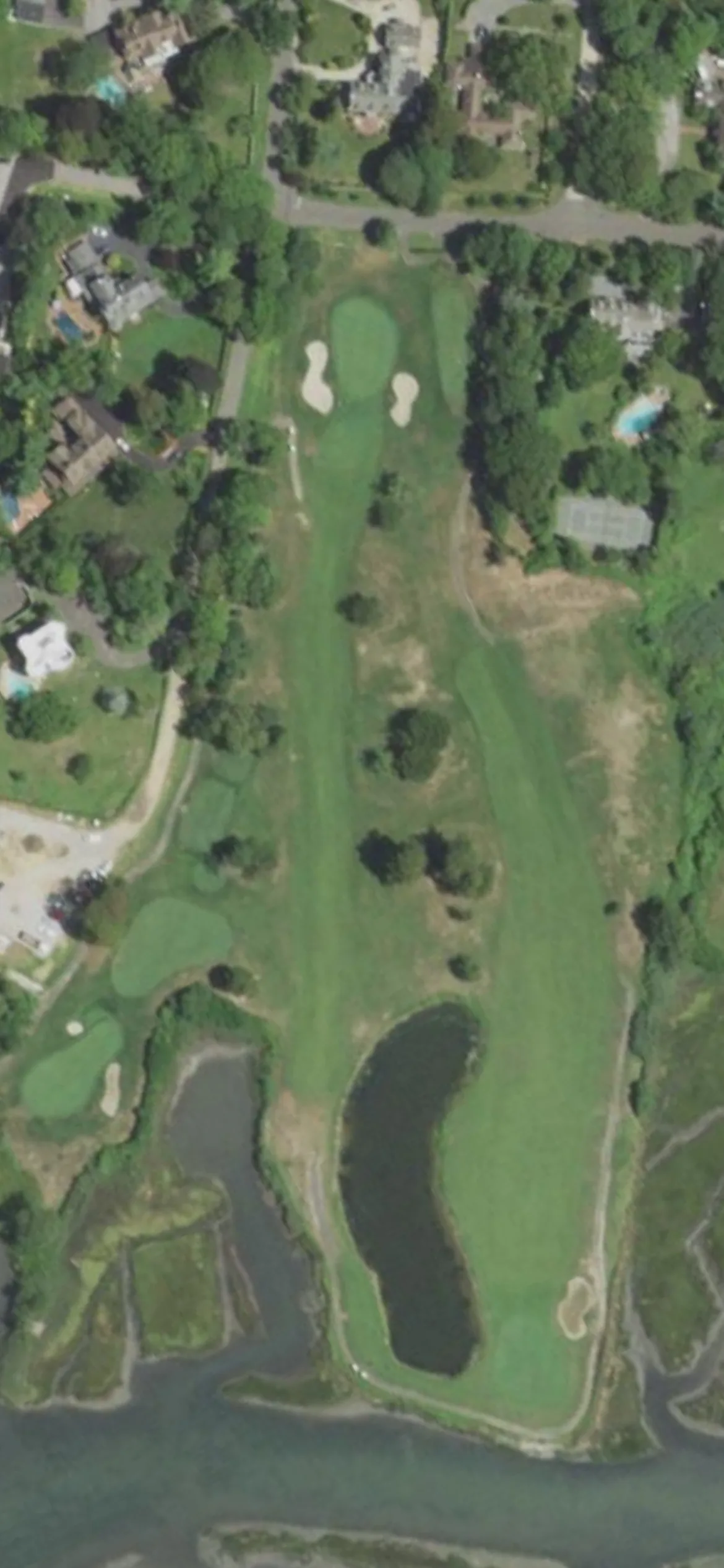 Lawrence Yacht & Country Club hole 13 aerial preview, par 4, 377 yards