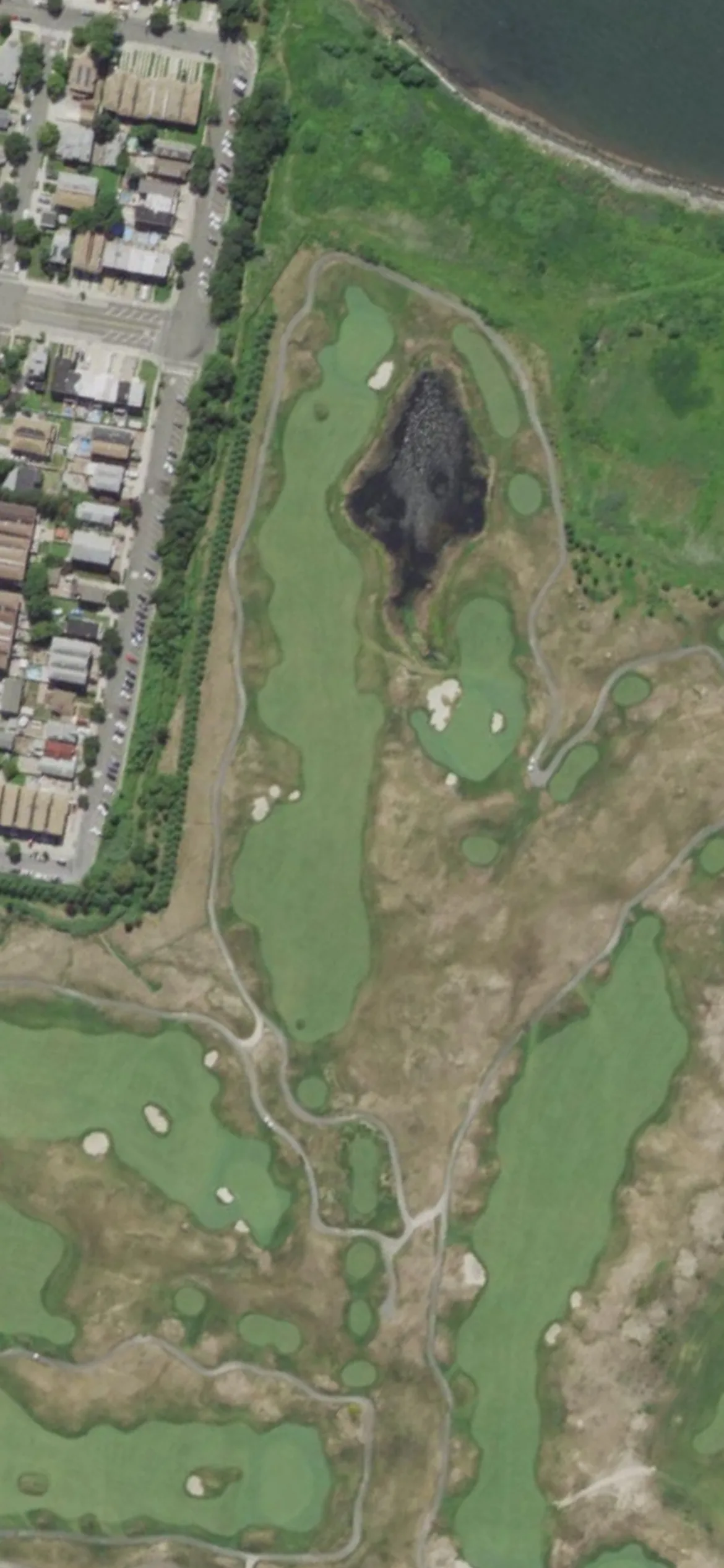 Bally's Golf Links at Ferry Point hole 16 aerial preview, par 4, 487 yards
