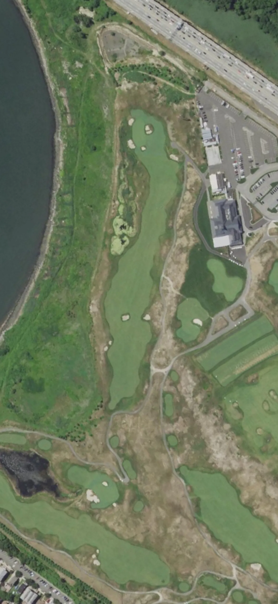Bally's Golf Links at Ferry Point hole 18 aerial preview, par 5, 576 yards