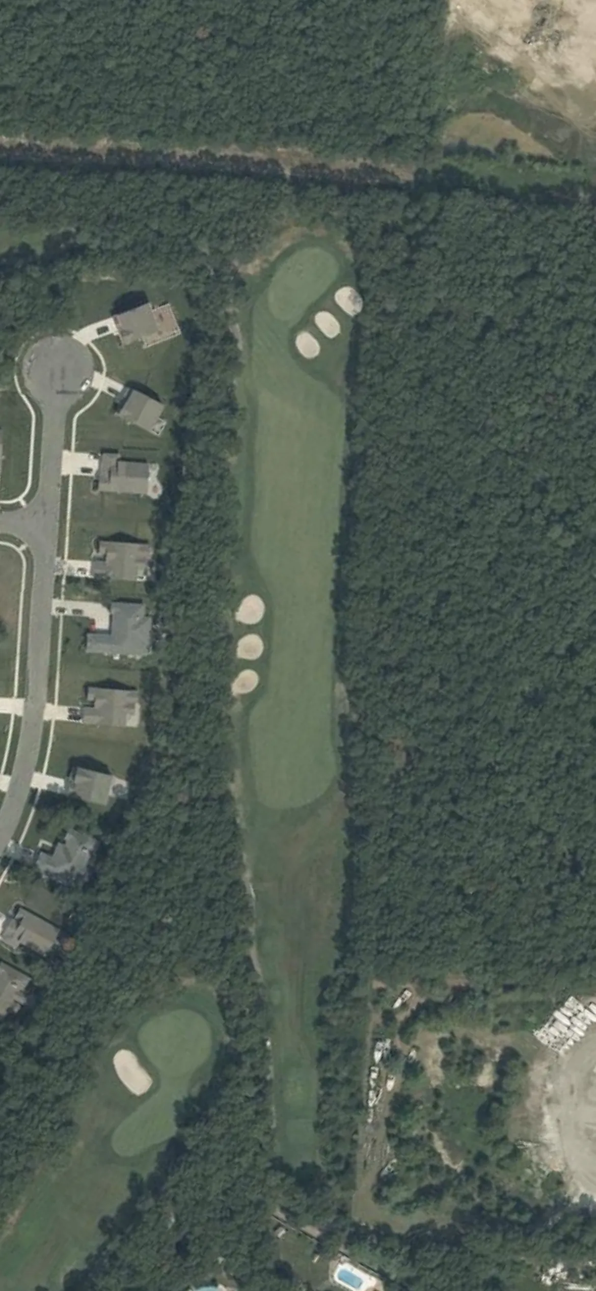 Harbor Pines GC hole 16 aerial preview, par 4, 401 yards