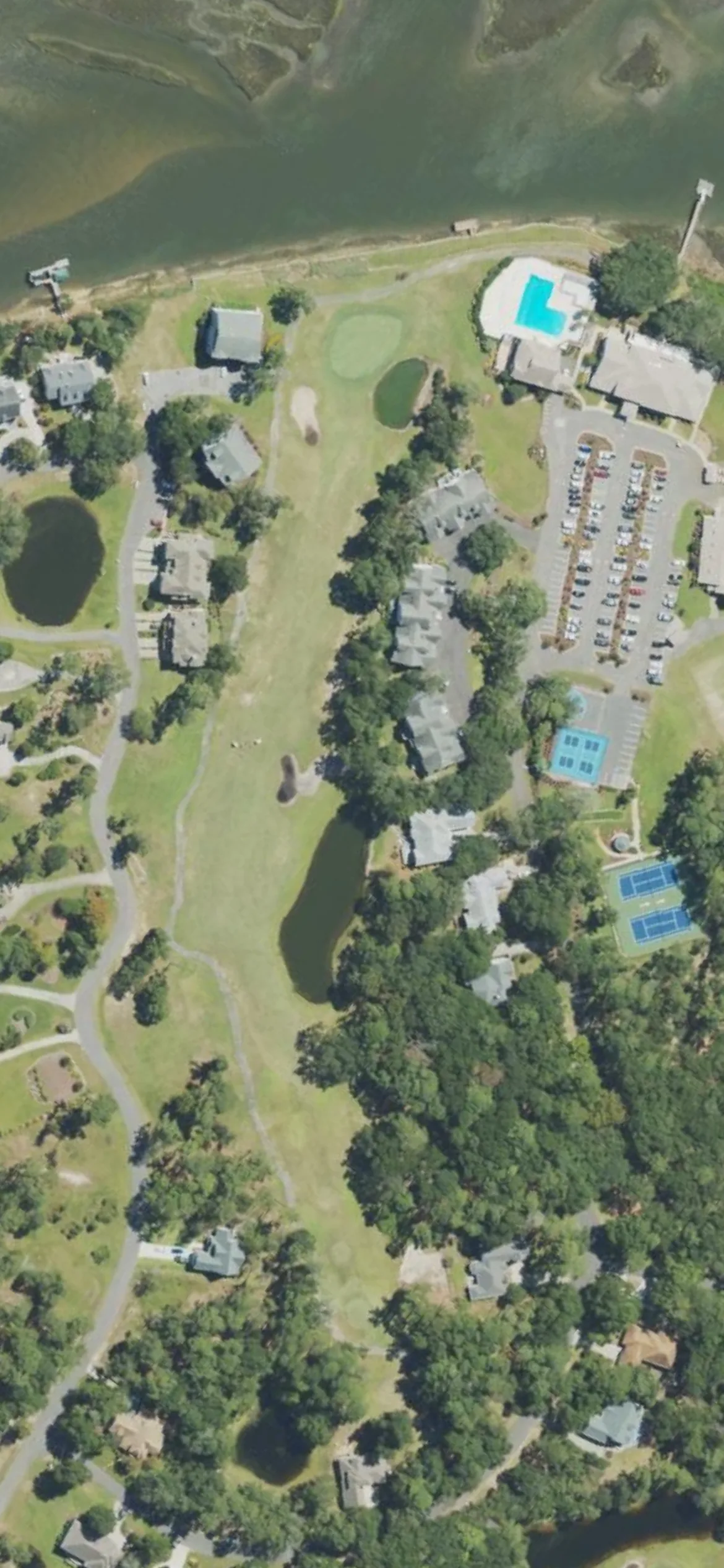 Lockwood Folly CC hole 18 aerial preview, par 5, 480 yards