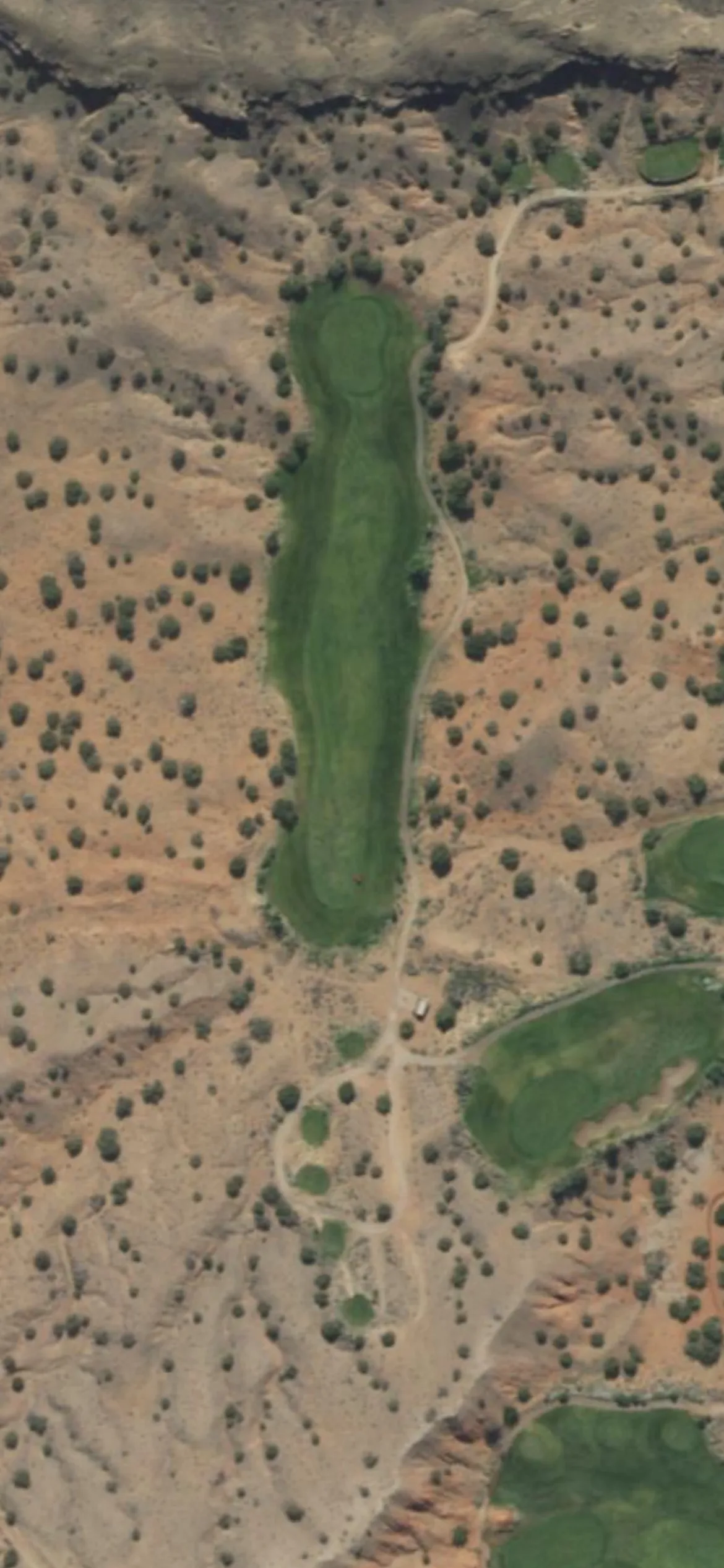 Twin Warriors GC hole 14 aerial preview, par 4, 420 yards